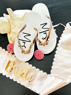 Bride White Flip Flop Sandals with Gold Straps